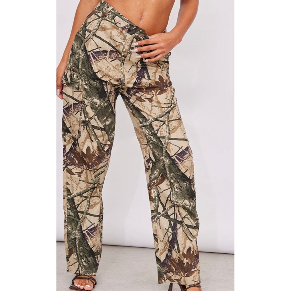 PrettyLittleThing Womens Camo Cargo Wide Pants Green‎ Brown Tree Print Size US 4